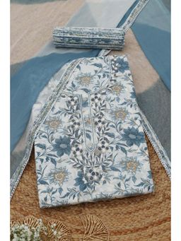 Soch - Womens Blue Cotton Dress Material with Floral Print Beads