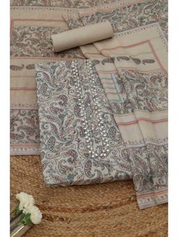 Soch - Womens Cream Muslin Dress Material with Paisley Print Mirror Work