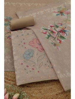 Soch - Womens Beige Chanderi Dress Material with Floral Print Thread Work