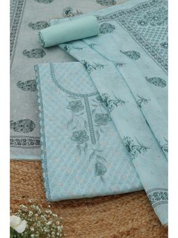Soch - Womens Turquoise Blue Chanderi Dress Material with Floral Print Thread Work