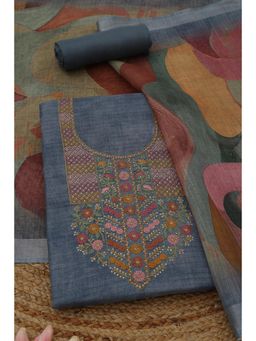Soch - Womens Grey Linen Dress Material with Floral Print Thread Work