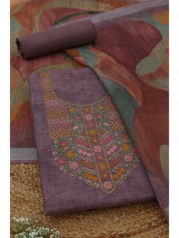 Soch - Womens Lavender Linen Dress Material with Floral Print Thread Work