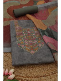 Soch - Womens Grey Linen Dress Material with Floral Print Thread Work