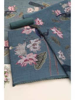 Soch - Womens Blue Linen Dress Material with Botanical Beads