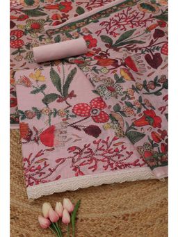 Soch - Womens Blush Pink Linen Dress Material with Floral Print Thread Work