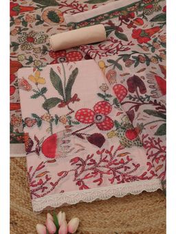 Soch - Womens Peach Linen Dress Material with Floral Print Thread Work