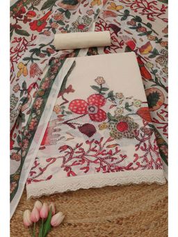Soch - Womens Cream Linen Dress Material with Floral Print Thread Work