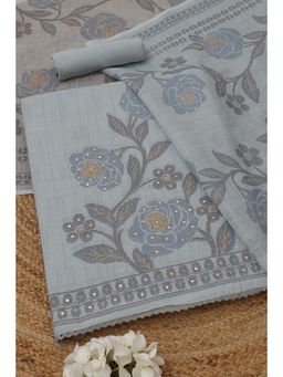 Soch - Womens Blue Linen Dress Material with Floral Print Beads