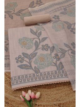 Soch - Womens Peach Linen Dress Material with Floral Print Beads