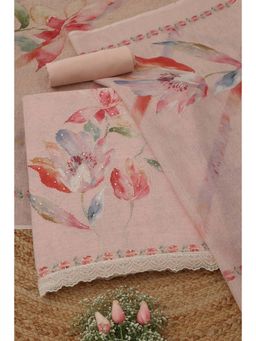 Soch - Womens Peach Linen Dress Material with Floral Print Sequins