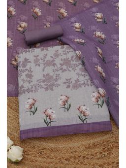 Soch - Womens Purple Linen Dress Material with Floral Print Thread Work