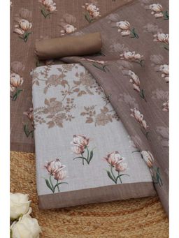 Soch - Womens Brown Linen Dress Material with Floral Print Thread Work