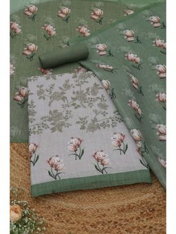 Soch - Womens Green Linen Dress Material with Floral Print Thread Work