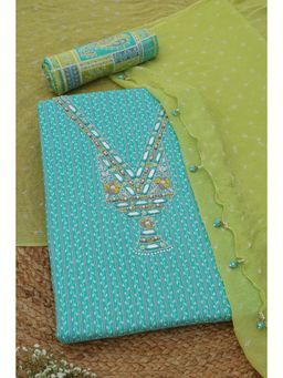 Soch - Womens Turquoise Blue Cotton Dress Material with Botanical Mirror Work
