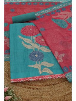 Soch - Womens Teal Chanderi Dress Material with Floral Print Sequins