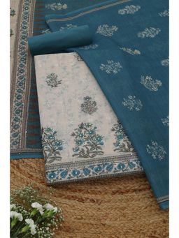 Soch - Womens Teal Linen Dress Material with Floral Print Sequins