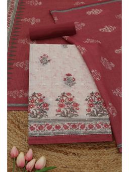 Soch - Womens Red Linen Dress Material with Floral Print Sequins