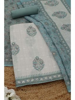 Soch - Womens Turquoise Linen Dress Material with Floral Print Sequins
