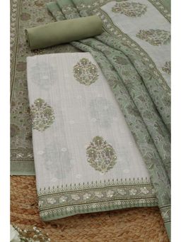 Soch - Womens Olive Linen Dress Material with Floral Print Sequins