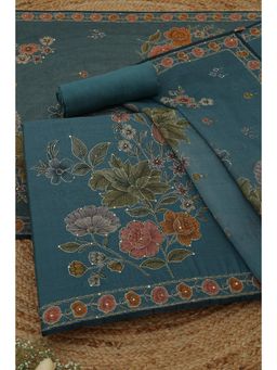 Soch - Womens Teal Blue Chanderi Dress Material with Floral Print Sequins