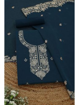 Soch - Womens Blue Mul Chanderi Dress Material with Floral Print Thread Work