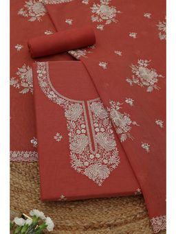 Soch - Womens Rust Mul Chanderi Dress Material with Floral Print Thread Work
