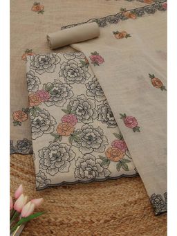 Soch - Womens Beige Mul Chanderi Dress Material with Floral Print Thread Work