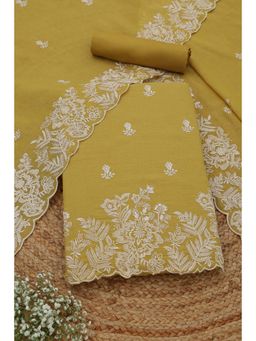 Soch - Womens Mustard Mul Chanderi Dress Material with Floral Print Thread Work