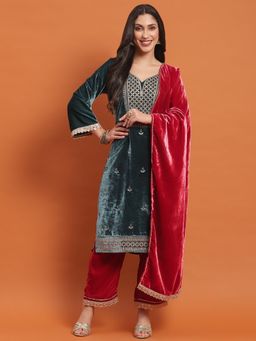 Shree - Women Winter Velvet Teal Embroidered Kurta With Pant And Dupatta (Set Of 3)