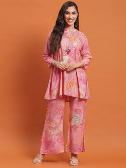 Shree - Women Rayon Pink Printed Kurti And Pant Co-Ord (Set Of 2)