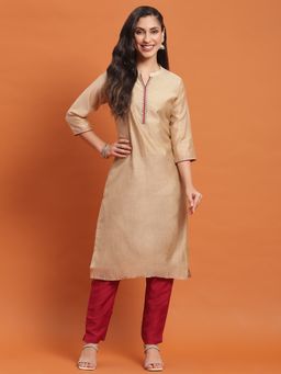 Shree - Women Chanderi Beige Solid Kurta With Pant (Set Of 2)