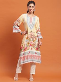 Shree - Women Rayon Yellow Floral Print Kurta