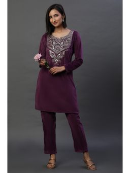 Aurelia - Purple Velvet Embroidered Kurti and Pants Festive (Set of 2)