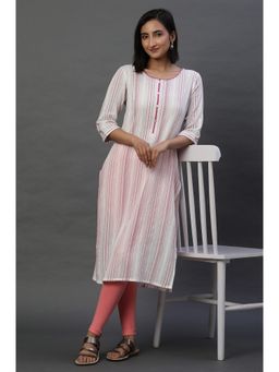 Aurelia - White and Pink Yard Dyed Casual Kurta with Stripes