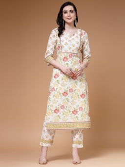 Indibelle - Cotton Off White Floral Printed Straight Kurta With Pant (Set of 2)