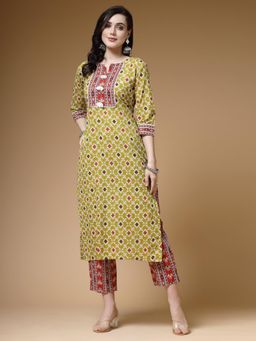 Indibelle - Cotton Olive Printed Straight Kurta With Pant (Set of 2)