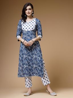 Indibelle - Cotton Navy Blue Floral Printed Straight Kurta With Pant (Set of 2)