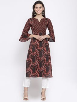 Indibelle - Cotton Coffee Brown Booti Floral Print Straight Kurta with Pant (Set of 2)