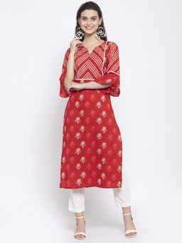 Indibelle - Cotton Red Booti Floral Print Straight Kurta with Pant (Set of 2)