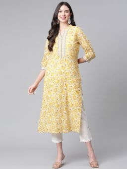 Indibelle - Cotton Yellow Paisley Print Kurta with Pant (Set of 2)