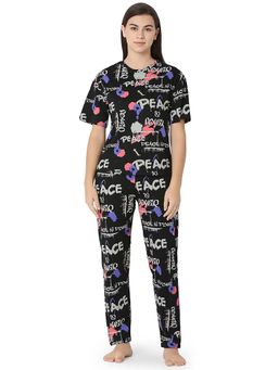 Juliet - Womens's Black Cotton Printed Night Suit T-shirts and Pajama Set (Set of 2)