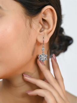 Ratnavali Jewels - American Diamond CZ Silver Plated White Dangle Drop Hook Earrings