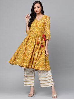 Anubhutee - Women Mustard & Off-White Bandhani Print Kurta with Palazzos (Set of 2)