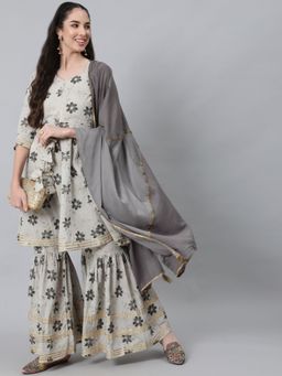 Anubhutee - Women Grey Floral Printed Pure Cotton Kurta Sharara & Dupatta (Set of 3)