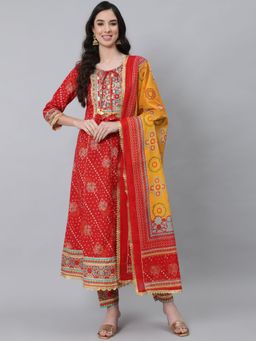 Anubhutee - Women Red Ethnic Yoke Design Pure Cotton Kurta Churidar with Dupatta (Set of 3)