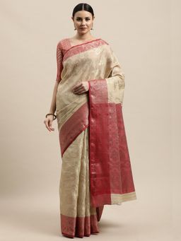 Sangam Prints - Cream Cotton Woven Zari Work Traditional Saree with Unstitched Blouse