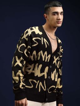 HIGHLANDER - Men Jet Black and Tan Jacquard Cardigan