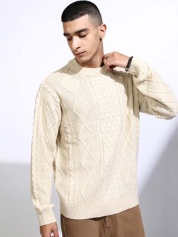 HIGHLANDER - Men Bone Off White Self Design Round Neck Sweater