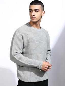 HIGHLANDER - Men Ultimate Gray Self Design Round Neck Drop Shoulder Relaxed Sweater