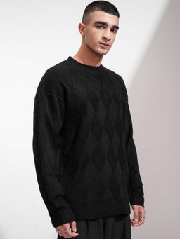 HIGHLANDER - Men Jet Black Self Design Round Neck Sweater